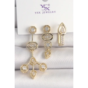 Pirinç Gold Renk Zirkon Taşlı Geometrik Model 3Lü Kadın Kombin Küpe