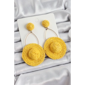 Sarı Şapka Figürlü Hasır Örgü Model Sallantılı Gold Renk Kadın Küpe