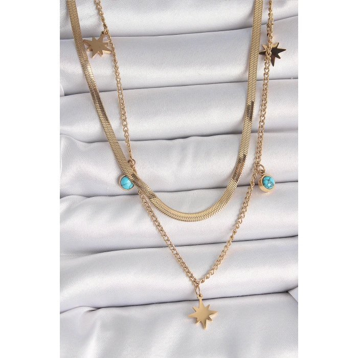 316L Çelik Gold Renk 2Li İtalyan Zincir Model Yıldız Figür Mavi Taş Detay Kadın Kolye