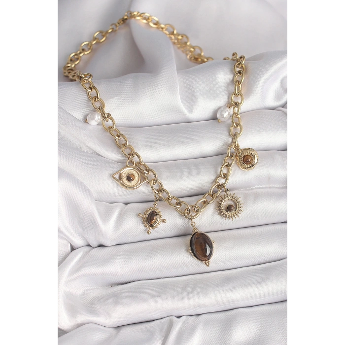 316L Çelik Gold Renk Kaplan Göz Taşlı Göz Figür Kadın Kolye