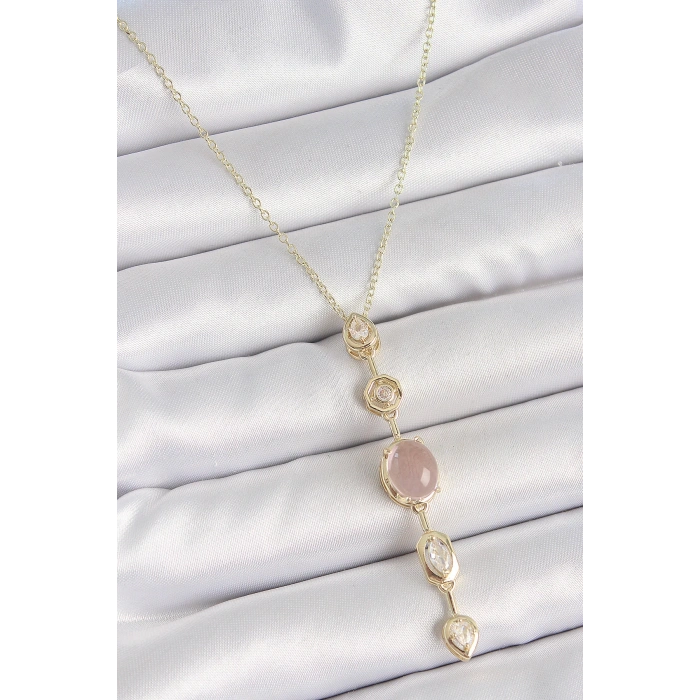 316L Çelik Gold Renk Zincir Zirkon Taşlı Pembe Mineli Y Model Dekolta Kadın Kolye