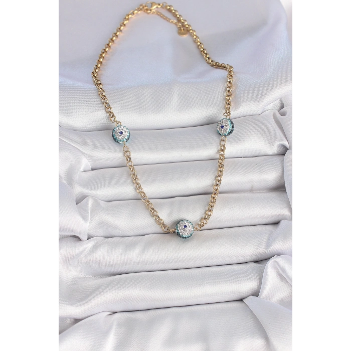 316L Çelik Gold Renk Zirkon Taşlı Nazar Boncuk Model Kadın Kolye