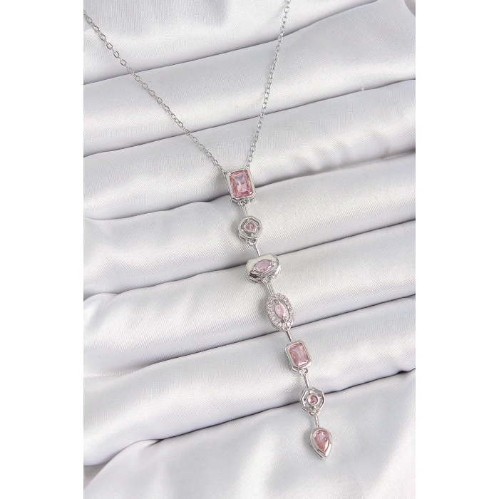 316L Çelik Gümüş Renk Zincir Pembe Zirkon Taşlı Y Model Dekolte Kadın Kolye