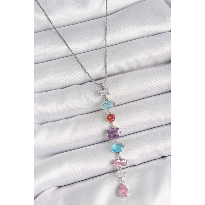 316L Çelik Gümüş Renk Zincir Renkli Zirkon Taşlı Y Model Dekolte Kadın Kolye