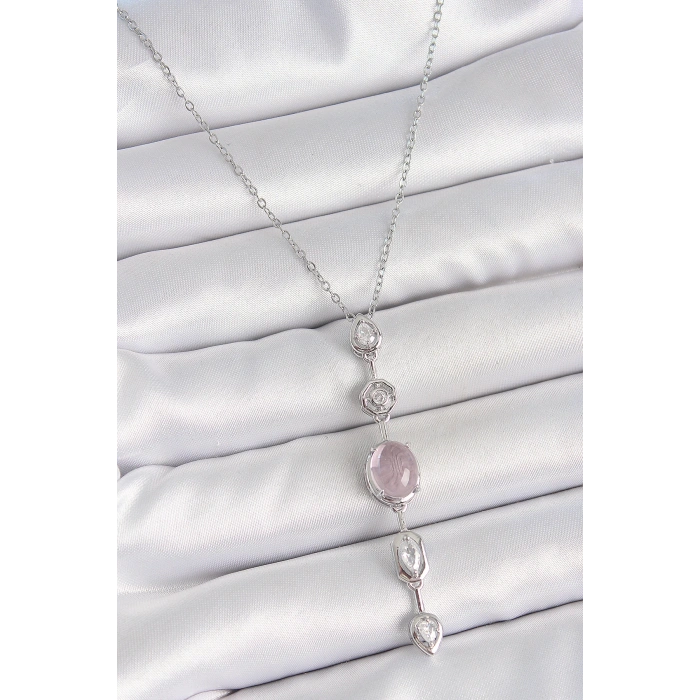 316L Çelik Gümüş Renk Zincir Zirkon Taşlı Pembe Sedefli Y Model Dekolte Kadın Kolye