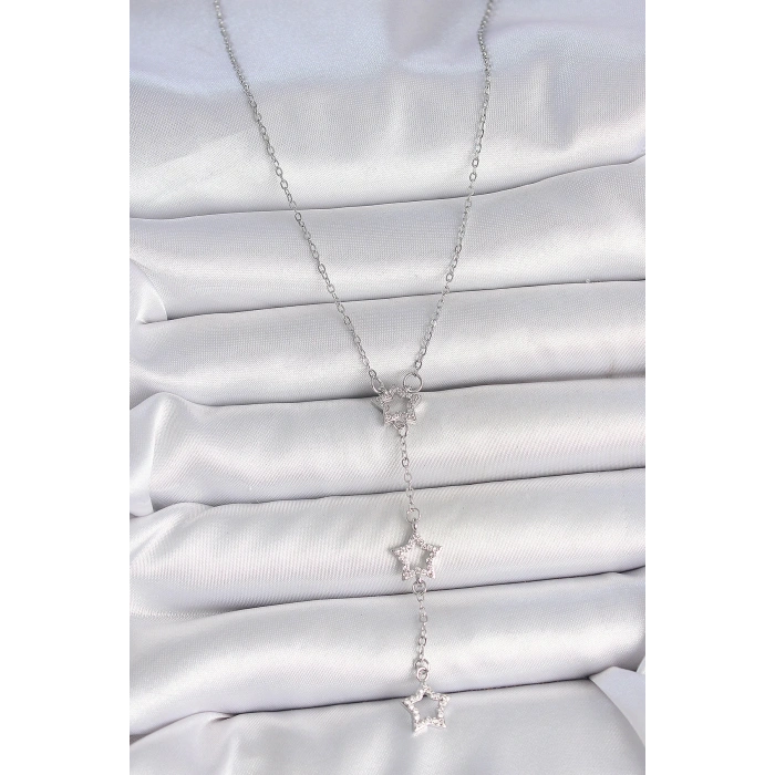 316L Çelik Gümüş Renk Zincir Zirkon Taşlı Yıldız Y Model Kadın Kolye