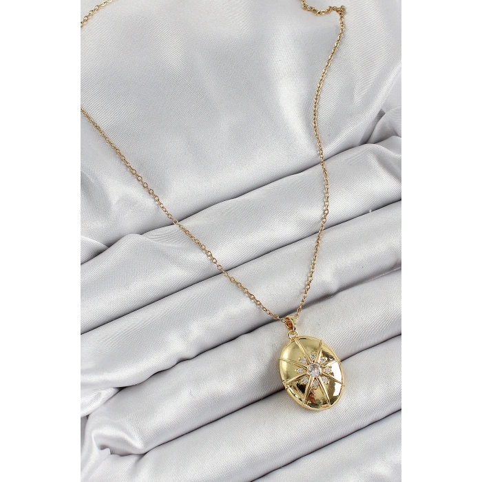 316L Çelik Zincir Açılabilir Madalyon Model Zirkon Taşlı Gold Renk Kadın Kolye