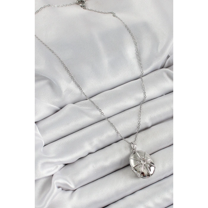 316L Çelik Zincir Açılabilir Madalyon Model Zirkon Taşlı Gümüş Renk Kadın Kolye