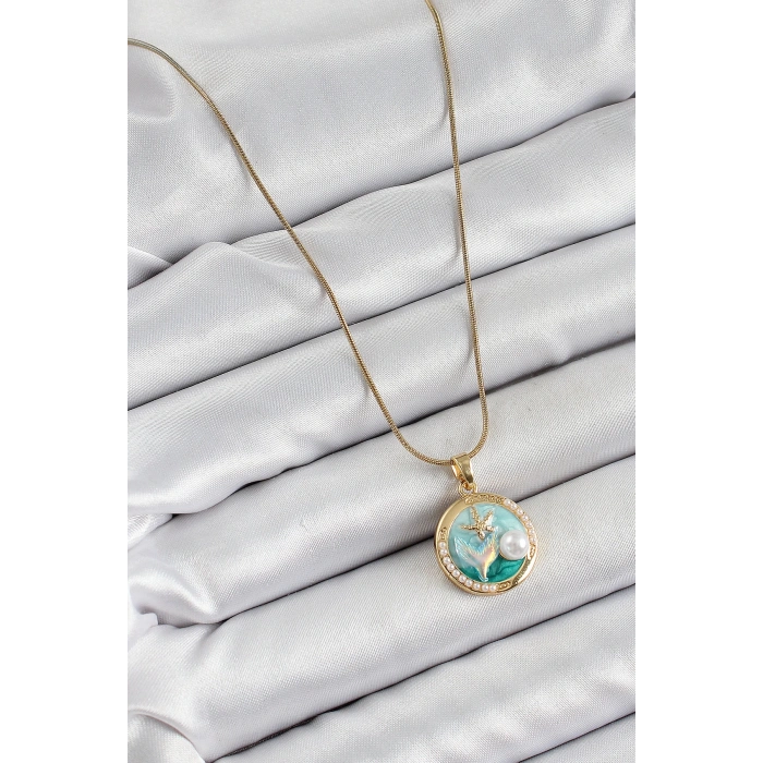 316L Çelik Zincir Turkuaz Mineli Sanatsal Portre İnci Detaylı Deniz Yılıdızı Model Gold Renk Kadın Kolye