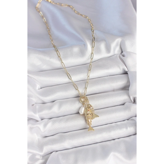 İnci Detaylı Zirkon Taşlı Çiftli Balık Figürlü Gold Renk Pirinç Kolye