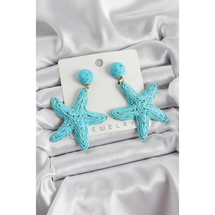 Mavi Deniz Yıldızı Figürlü Hasır Örgü Model Gold Renk Kadın Küpe