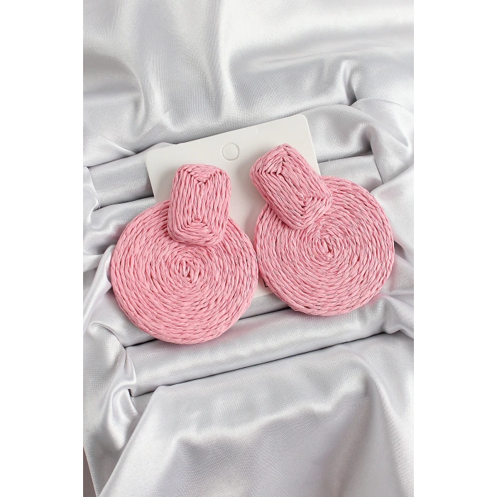 Pembe Daire Figürlü Hasır Örgü Model Gold Renk Kadın Küpe