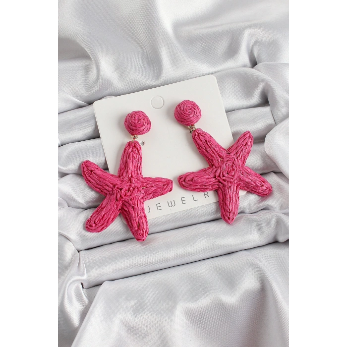 Pembe Deniz Yıldızı Figürlü Hasır Örgü Model Gold Renk Kadın Küpe