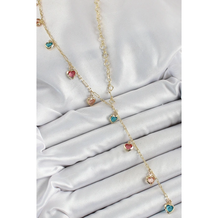 Pirinç Asorti Kalp Model Gold Renk Zirkon Taşlı Y Kolye