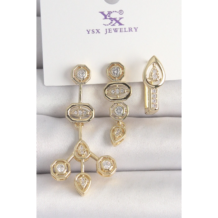 Pirinç Gold Renk Zirkon Taşlı Geometrik Model 3Lü Kadın Kombin Küpe