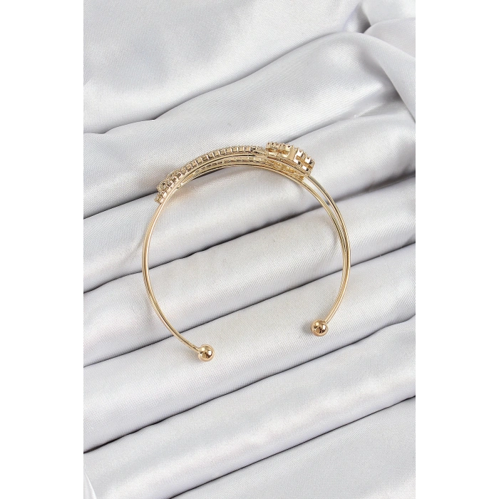 Pirinç Gold Renk Zirkon Taşlı Yonca Model 2li Kadın Bileklik