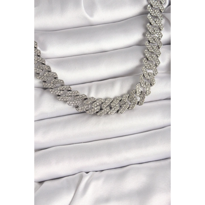 Pirinç Gümüş Renk Zirkon Taşlı Gurmet Kadın Kolye