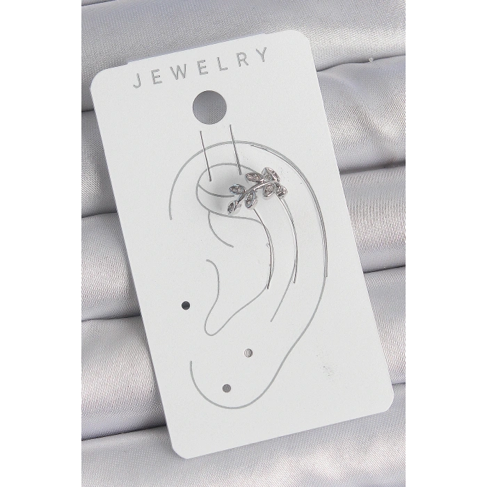 Pirinç Gümüş Renk Zirkon Taşlı Yaprak Model Kıkırdak Kadın Küpe