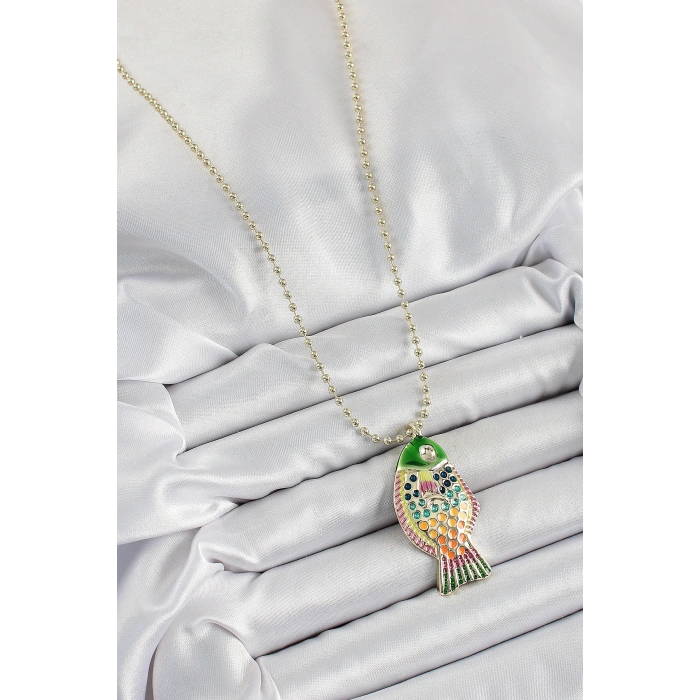 Pirinç Rainbow Balık Model Zirkon Taşlı Gold Renk Kadın Kolye