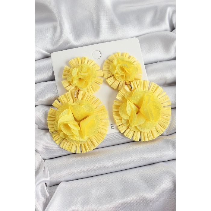 Sarı Gül Figürlü Tül Model Gold Renk Kadın Küpe