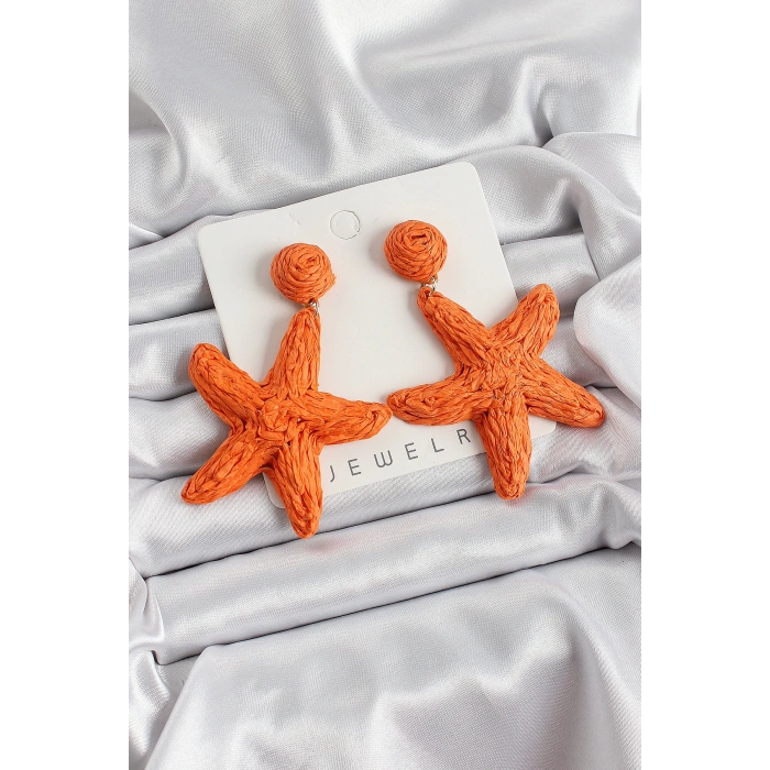 Turuncu Deniz Yıldızı Figürlü Hasır Örgü Model Gold Renk Kadın Küpe
