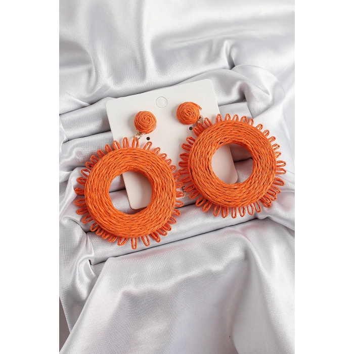 Turuncu Püsküllü Halka Figürlü Hasır Örgü Model Gold Renk Kadın Küpe