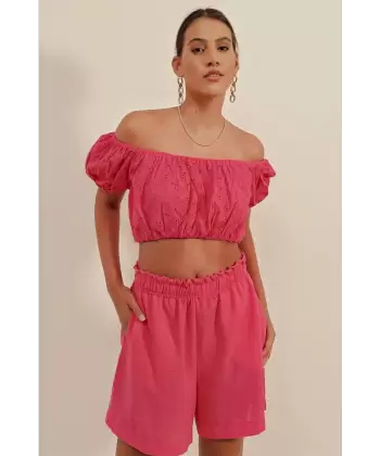 0481 Fistolu Straplez Bluz - Fuşya