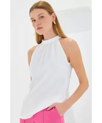 0489 Halter Yaka Örme Bluz - Beyaz