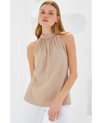 0489 Halter Yaka Örme Bluz - Bisküvi