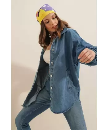 0662 Denim Balon Kollu Kot Ceket - Mavi