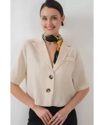 0706 Crop Keten Ceket - M. Krem