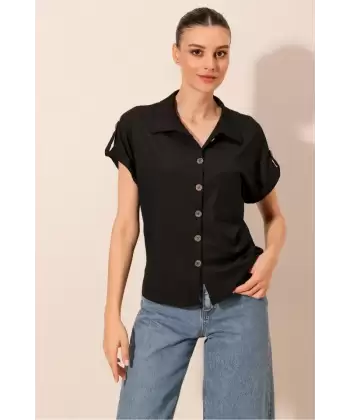 20187 Kısa Kol Oversize Örme Gömlek - Siyah