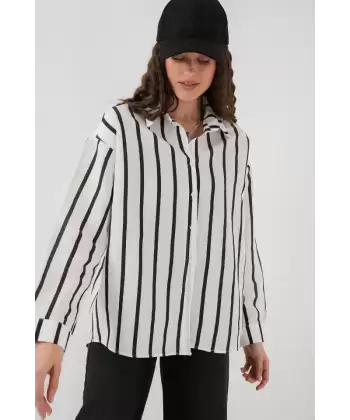 20254 Çizgili Oversize Basic Gömlek - Siyah - Beyaz