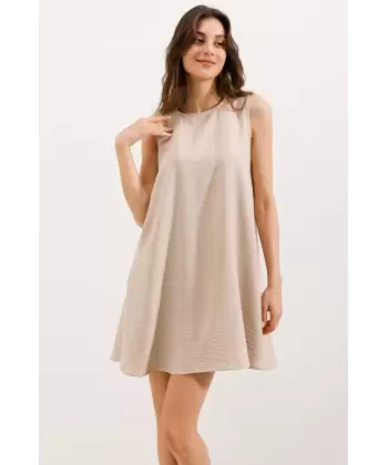 2444 Mini Keten Elbise - Bej