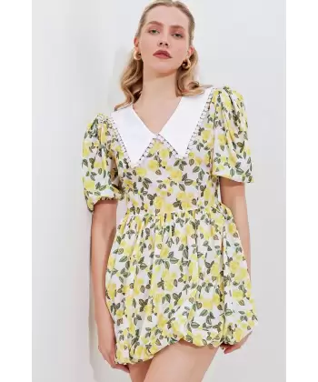 2478 Çiçekli Mini Elbise - Sarı