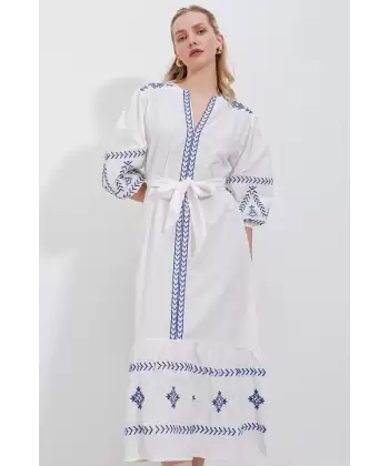 2479 Desenli Keten Elbise - Beyaz