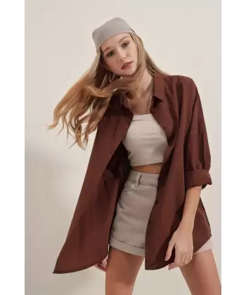 3900 Oversize Uzun Basic Gömlek - Kahverengi