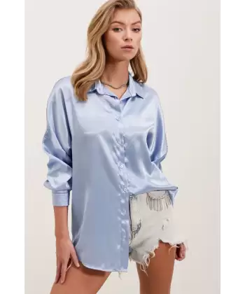3985 Oversize Saten Gömlek - Mavi