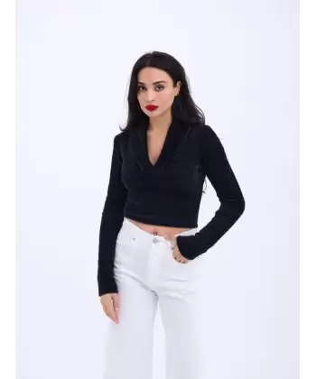 42531 TRİKO SİMLİ YAKALI CROP-TAŞ