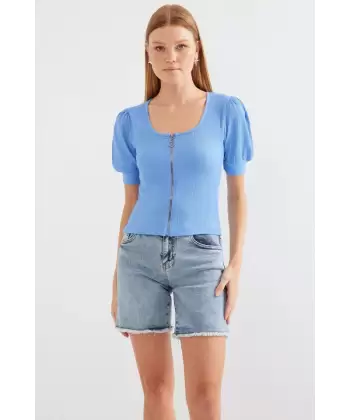 4316 Fermuarlı Örme Bluz - Mavi