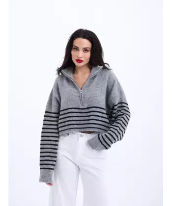 43311 TRİKO ÇİZGİLİ FERMUARLI CROP-SİYAH-EKRU