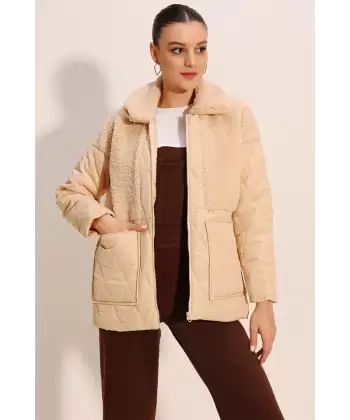 5182 Peluş Detaylı Oversize Şişme Mont - Siyah