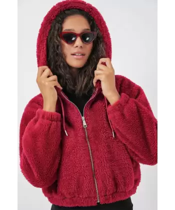 5193 Kapüşonlu Peluş Crop Ceket - Bordo