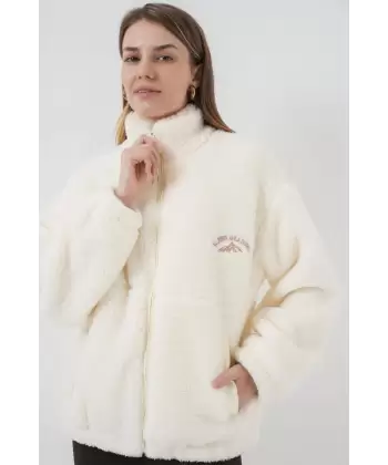 5212 Oversize Peluş Ceket Mont - Ekru