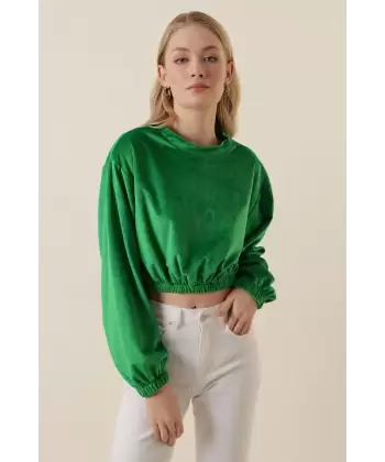 55392 Kadife Crop Bluz - Yeşil