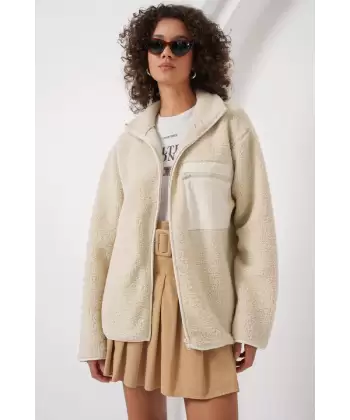 55446 Fermuarlı Oversize Peluş Ceket Mont - Krem