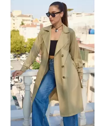 5853 Kruvaze Yaka Trençkot - A.Haki