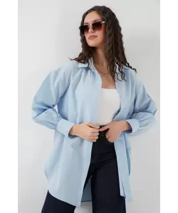 5946 Oversize Uzun Gömlek Tunik - Mavi