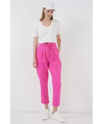 6660 Kemerli Keten Pantolon - Fuşya