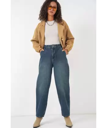 6688 Yüksek Bel Baggy Kot Pantolon - Lacivert